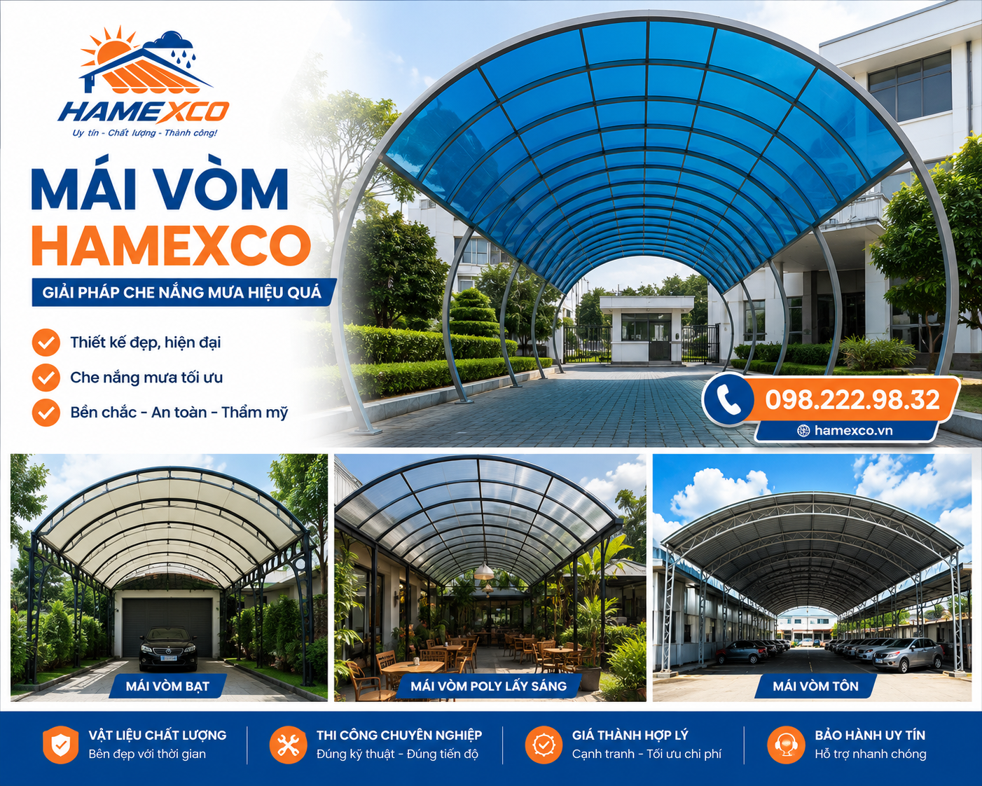 Mái Vòm Hamexco – Giải Pháp Che Nắng Mưa Bền Đẹp, Thẩm Mỹ Cho Mọi Công Trình
