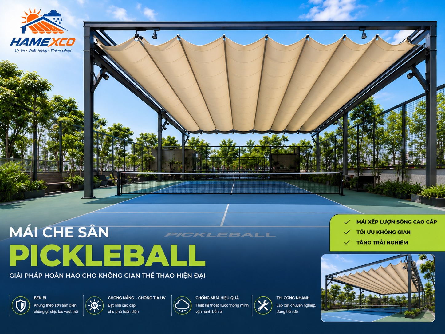 Thi Công Mái Che Sân Pickleball – Giải Pháp Che Nắng Mưa Chuyên Nghiệp Từ Hamexco