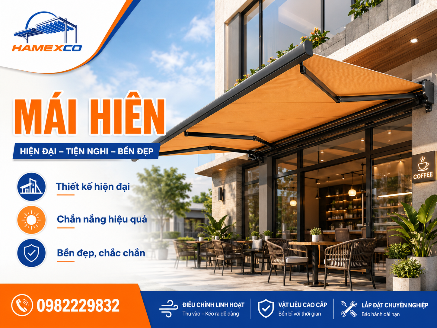 mái hiên quay tay, mái che tay quay, mái bạt quay tay, mái hiên che nắng mưa, mái hiên di động Hamexco, lắp đặt mái hiên quay tay
